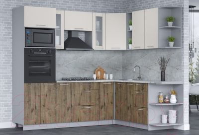 Кухонный гарнитур Интерлиния Мила 1.88x2.4 правая (персидский жемчуг/дуб веллингтон/серый каспий)