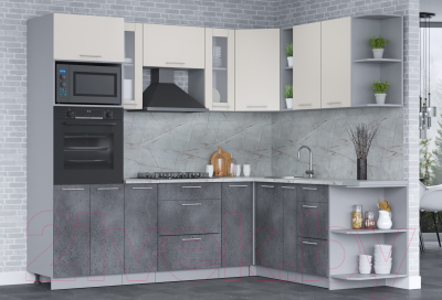 Кухонный гарнитур Интерлиния Мила 1.88x2.4 правая (персидский жемчуг/бетон портленд/серый каспий)