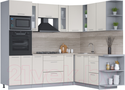 Кухонный гарнитур Интерлиния Мила 1.88x2.4 правая (персидский жемчуг/персидский жемчуг/травертин серый) - фото
