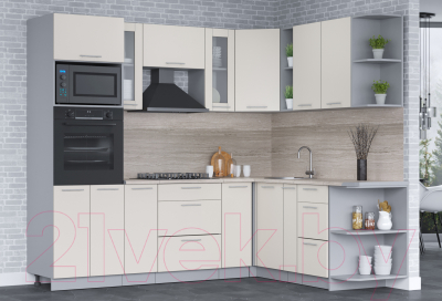 Кухонный гарнитур Интерлиния Мила 1.88x2.4 правая (персидский жемчуг/персидский жемчуг/травертин серый)