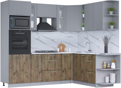 Кухонный гарнитур Интерлиния Мила 1.88x2.4 правая (серебро/дуб веллингтон/белый гранит) - фото