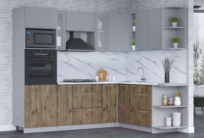 Кухонный гарнитур Интерлиния Мила 1.88x2.4 правая (серебро/дуб веллингтон/белый гранит)