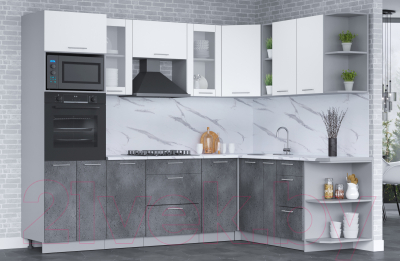 Кухонный гарнитур Интерлиния Мила 1.88x2.6 правая (белый платинум/бетон портленд/белый гранит)