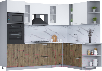 Кухонный гарнитур Интерлиния Мила 1.88x2.6 правая (белый платинум/дуб веллингтон/белый гранит) - фото