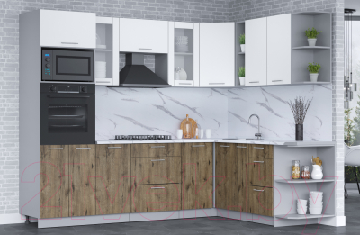 Кухонный гарнитур Интерлиния Мила 1.88x2.6 правая (белый платинум/дуб веллингтон/белый гранит)