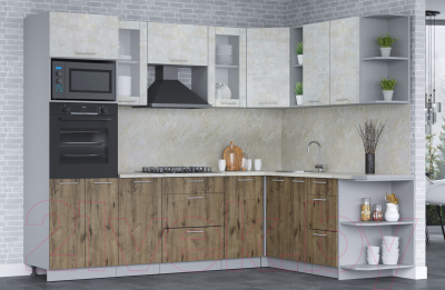 Кухонный гарнитур Интерлиния Мила 1.88x2.6 правая (бетон лайт/дуб веллингтон/опал светлый)