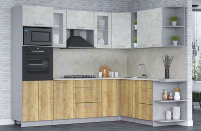 Кухонный гарнитур Интерлиния Мила 1.88x2.6 правая (бетон лайт/дуб золотой/опал светлый)