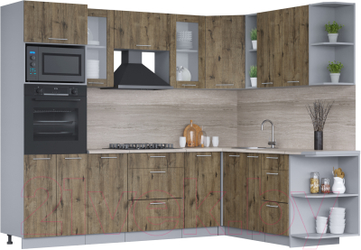 Кухонный гарнитур Интерлиния Мила 1.88x2.6 правая (дуб веллингтон/дуб веллингтон/травертин серый) - фото