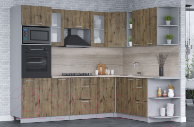 Кухонный гарнитур Интерлиния Мила 1.88x2.6 правая (дуб веллингтон/дуб веллингтон/травертин серый)