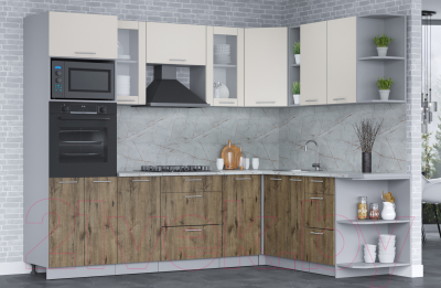 Кухонный гарнитур Интерлиния Мила 1.88x2.6 правая (персидский жемчуг/дуб веллингтон/серый каспий)