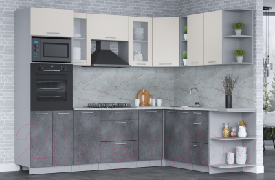 Кухонный гарнитур Интерлиния Мила 1.88x2.6 правая (персидский жемчуг/бетон портленд/серый каспий)