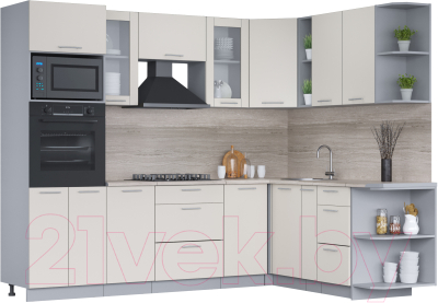Кухонный гарнитур Интерлиния Мила 1.88x2.6 правая (персидский жемчуг/персидский жемчуг/травертин серый) - фото