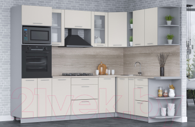 Кухонный гарнитур Интерлиния Мила 1.88x2.6 правая (персидский жемчуг/персидский жемчуг/травертин серый)