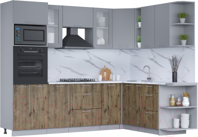 Кухонный гарнитур Интерлиния Мила 1.88x2.6 правая (серебро/дуб веллингтон/белый гранит) - фото