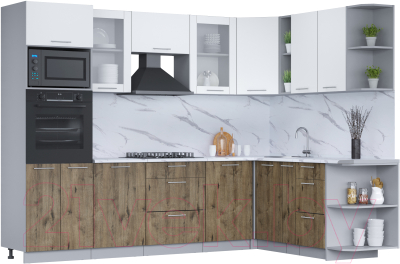 Кухонный гарнитур Интерлиния Мила 1.88x2.8 правая (белый платинум/дуб веллингтон/белый гранит) - фото
