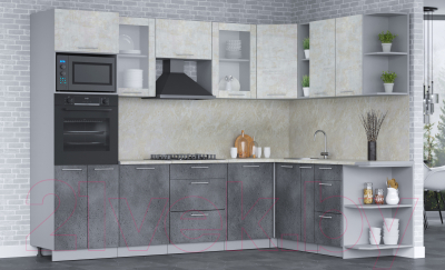 Кухонный гарнитур Интерлиния Мила 1.88x2.8 правая (бетон лайт/бетон портленд/опал светлый)