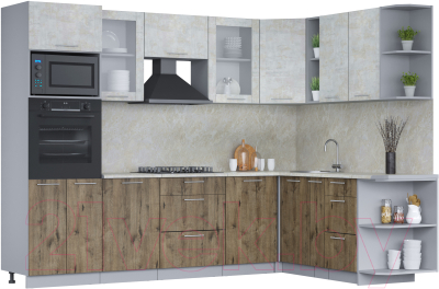 Кухонный гарнитур Интерлиния Мила 1.88x2.8 правая (бетон лайт/дуб веллингтон/опал светлый) - фото