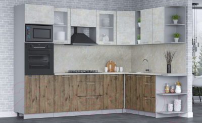 Кухонный гарнитур Интерлиния Мила 1.88x2.8 правая (бетон лайт/дуб веллингтон/опал светлый)