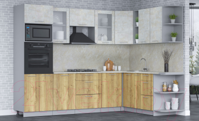 Кухонный гарнитур Интерлиния Мила 1.88x2.8 правая (бетон лайт/дуб золотой/опал светлый)