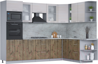 Кухонный гарнитур Интерлиния Мила 1.88x2.8 правая (вудлайн кремовый/дуб веллингтон/серый каспий) - фото