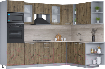 Кухонный гарнитур Интерлиния Мила 1.88x2.8 правая (дуб веллингтон/дуб веллингтон/травертин серый) - фото