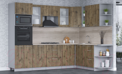 Кухонный гарнитур Интерлиния Мила 1.88x2.8 правая (дуб веллингтон/дуб веллингтон/травертин серый)