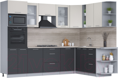 Кухонный гарнитур Интерлиния Мила 1.88x2.8 правая (персидский жемчуг/антрацит/травертин серый) - фото