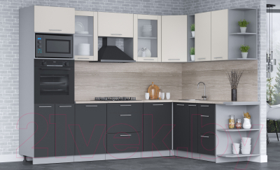 Кухонный гарнитур Интерлиния Мила 1.88x2.8 правая (персидский жемчуг/антрацит/травертин серый)