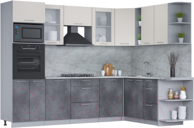 Кухонный гарнитур Интерлиния Мила 1.88x2.8 правая (персидский жемчуг/бетон портленд/серый каспий) - фото