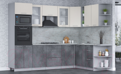 Кухонный гарнитур Интерлиния Мила 1.88x2.8 правая (персидский жемчуг/бетон портленд/серый каспий)