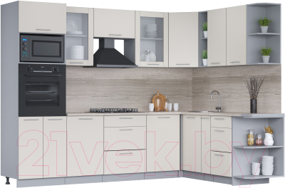 Кухонный гарнитур Интерлиния Мила 1.88x2.8 правая (персидский жемчуг/персидский жемчуг/травертин серый) - фото