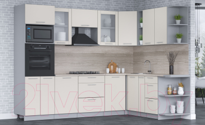 Кухонный гарнитур Интерлиния Мила 1.88x2.8 правая (персидский жемчуг/персидский жемчуг/травертин серый)