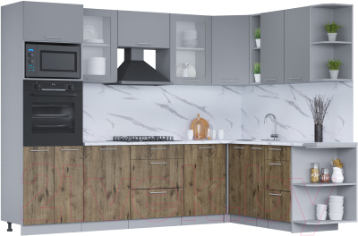 Кухонный гарнитур Интерлиния Мила 1.88x2.8 правая (серебро/дуб веллингтон/белый гранит) - фото