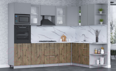 Кухонный гарнитур Интерлиния Мила 1.88x2.8 правая (серебро/дуб веллингтон/белый гранит)