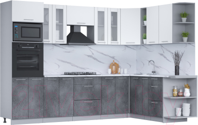 Кухонный гарнитур Интерлиния Мила 1.88x3.0 правая (белый платинум/бетон портленд/белый гранит) - фото