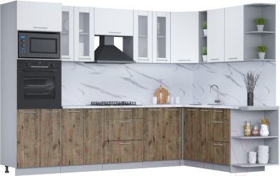 Кухонный гарнитур Интерлиния Мила 1.88x3.0 правая (белый платинум/дуб веллингтон/белый гранит) - фото