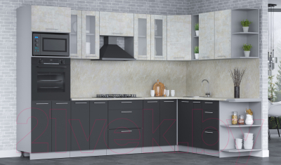Кухонный гарнитур Интерлиния Мила 1.88x3.0 правая (бетон лайт/антрацит/опал светлый)