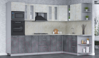 Кухонный гарнитур Интерлиния Мила 1.88x3.0 правая (бетон лайт/бетон портленд/опал светлый)