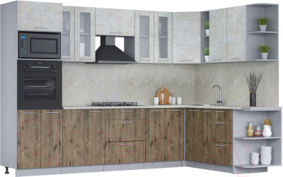 Кухонный гарнитур Интерлиния Мила 1.88x3.0 правая (бетон лайт/дуб веллингтон/опал светлый) - фото