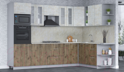Кухонный гарнитур Интерлиния Мила 1.88x3.0 правая (бетон лайт/дуб веллингтон/опал светлый)