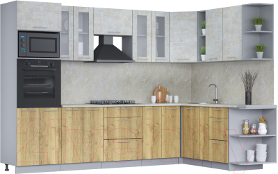 Кухонный гарнитур Интерлиния Мила 1.88x3.0 правая (бетон лайт/дуб золотой/опал светлый) - фото