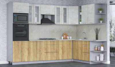Кухонный гарнитур Интерлиния Мила 1.88x3.0 правая (бетон лайт/дуб золотой/опал светлый)
