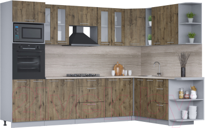 Кухонный гарнитур Интерлиния Мила 1.88x3.0 правая (дуб веллингтон/дуб веллингтон/травертин серый) - фото