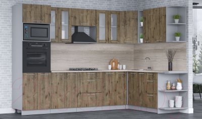 Кухонный гарнитур Интерлиния Мила 1.88x3.0 правая (дуб веллингтон/дуб веллингтон/травертин серый)