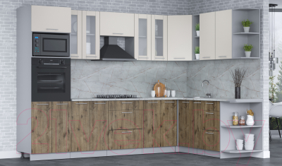 Кухонный гарнитур Интерлиния Мила 1.88x3.0 правая (персидский жемчуг/дуб веллингтон/серый каспий)