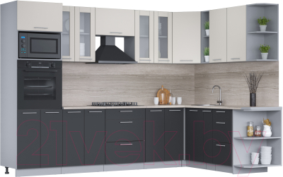 Кухонный гарнитур Интерлиния Мила 1.88x3.0 правая (персидский жемчуг/антрацит/травертин серый) - фото