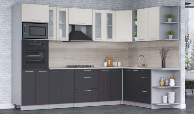 Кухонный гарнитур Интерлиния Мила 1.88x3.0 правая (персидский жемчуг/антрацит/травертин серый)