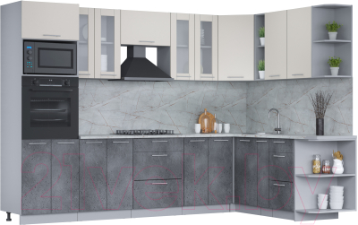 Кухонный гарнитур Интерлиния Мила 1.88x3.0 правая (персидский жемчуг/бетон портленд/серый каспий) - фото