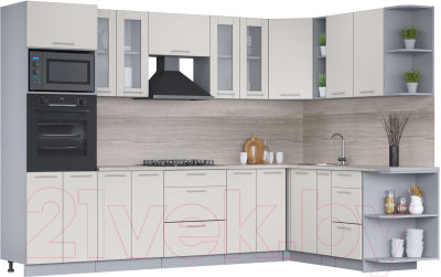 Кухонный гарнитур Интерлиния Мила 1.88x3.0 правая (персидский жемчуг/персидский жемчуг/травертин серый) - фото