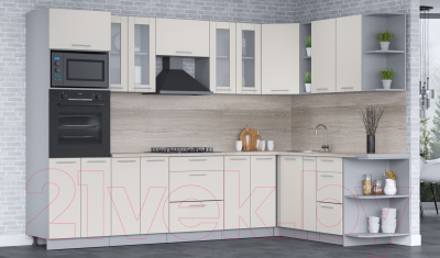 Кухонный гарнитур Интерлиния Мила 1.88x3.0 правая (персидский жемчуг/персидский жемчуг/травертин серый)